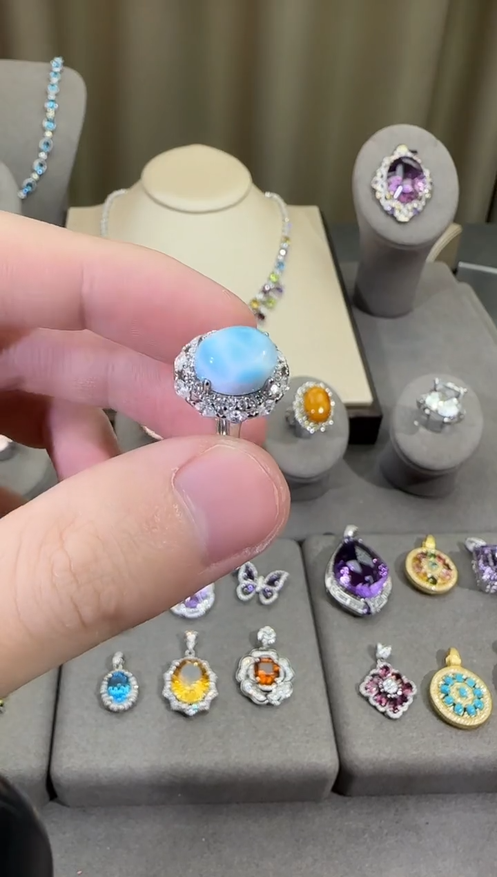 银S925镶嵌针钠钙石（海纹石）戒指10*8mm戒指