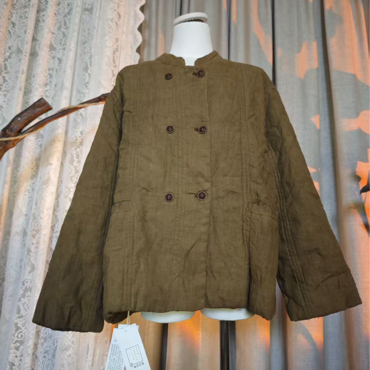 H807230休闲棉衣冬季树脂固色军绿色宽松型厚款立领棉服短款