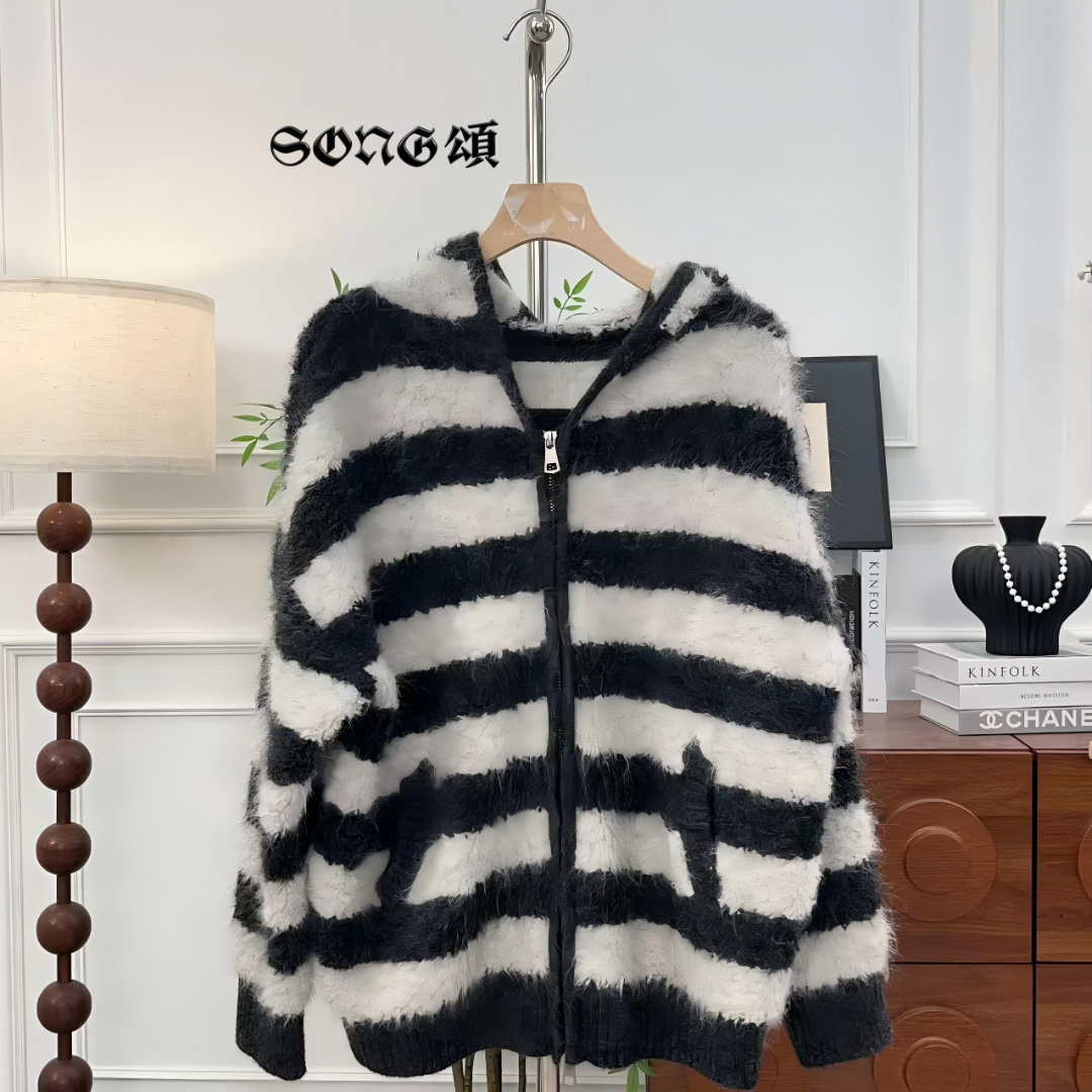 SONG頌 针织连帽厚款保暖开衫款条纹毛衣女士开衫秋冬宽松-0147