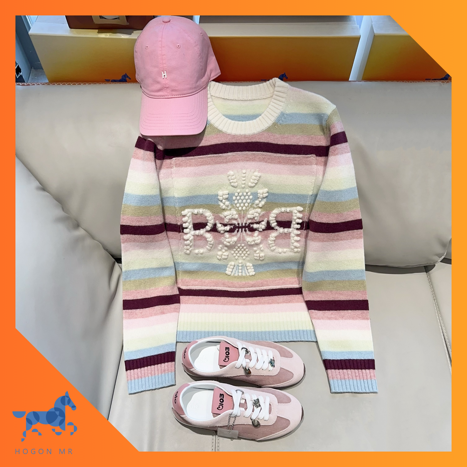 HOGON MR｜【新款】羊绒字母提花毛衣条纹时尚保暖秋冬女圆领针织