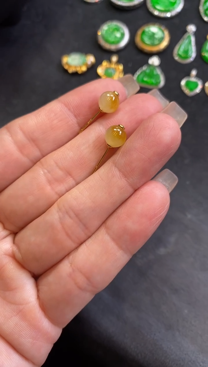 【闪购商品】定制翡翠18K金镶嵌天然a货缅甸翡翠镶嵌18K金黄耳钉
