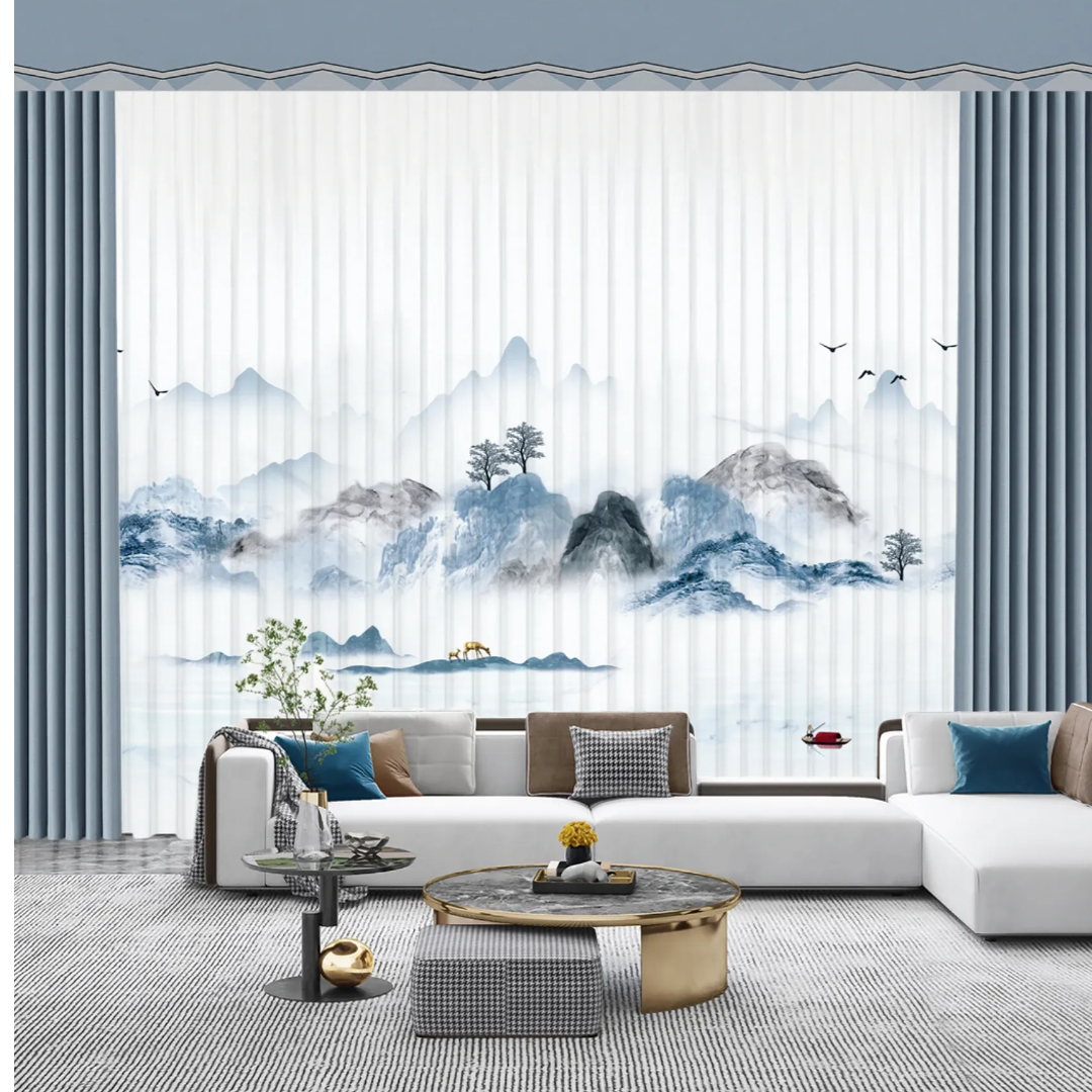 新中式风景水墨山水画窗纱（皇冠纱）透光不透人窗纱