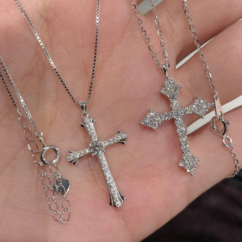 坠链均925银莫桑石 白金色十字架项链