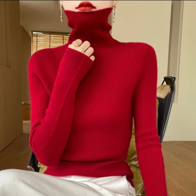 厚款堆堆领针织打底衫女修身长袖新款高领毛衣秋冬紧身大衣内搭