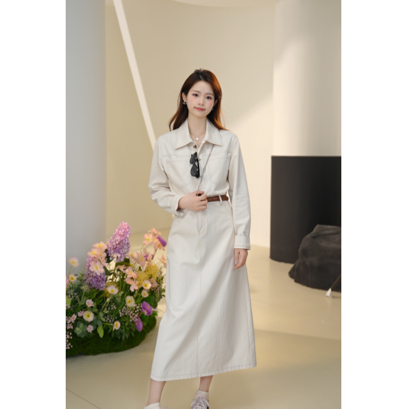 Basic House/百家好春秋气质连衣裙时尚白色收腰