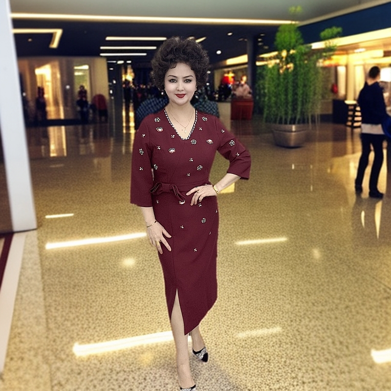 9917款手工缝珠女秋冬大码修身裙连衣裙