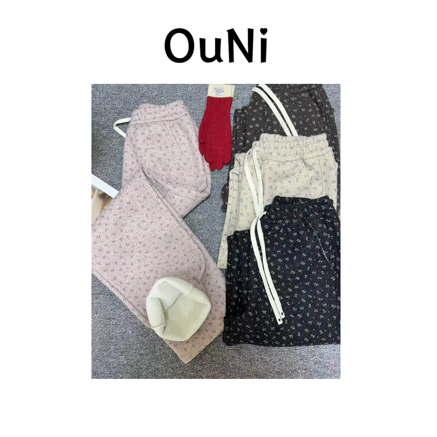 OuNi"碎花灯芯" 秋冬季新款韩系休闲宽松碎花毛绒抽绳卫裤长裤