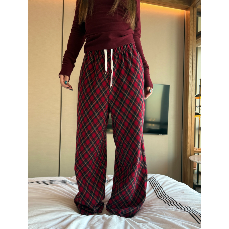 【NAMEROU】“复古书页格”复古格纹宽松抽绳卫裤女直筒休闲长裤