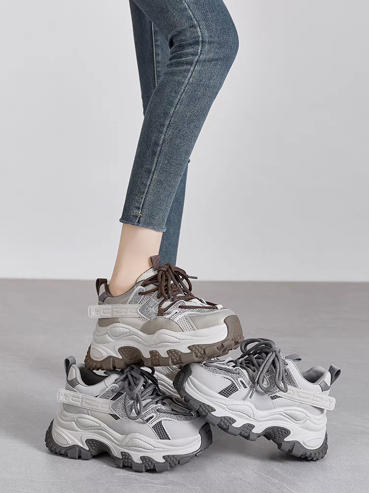 真皮厚底老爹鞋女2025春季新款轻便系带水钻高级感休闲百搭运动鞋