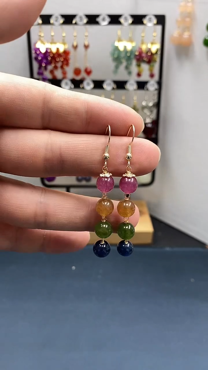 【闪购商品】碧玺耳饰银S925镀金镶嵌尺寸8mm连珠Q3