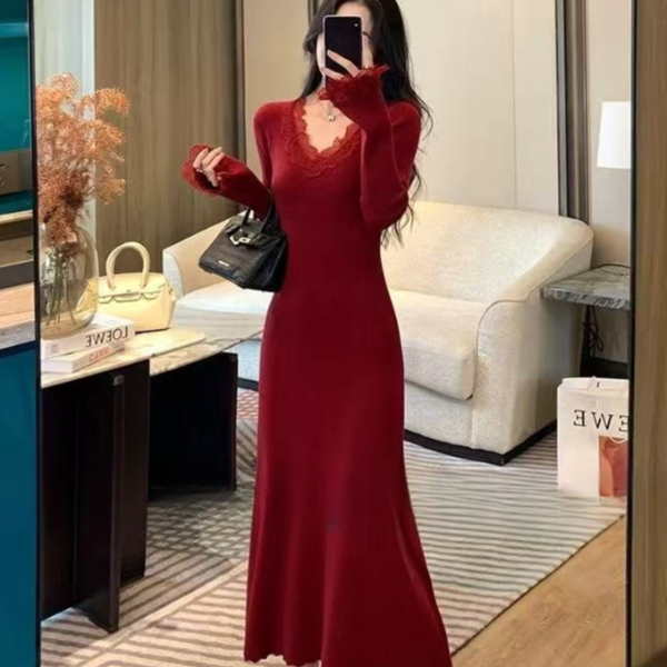 mulisha/穆丽莎蕾丝拼接红色针织连衣裙女v领毛衣内搭长款毛衣裙