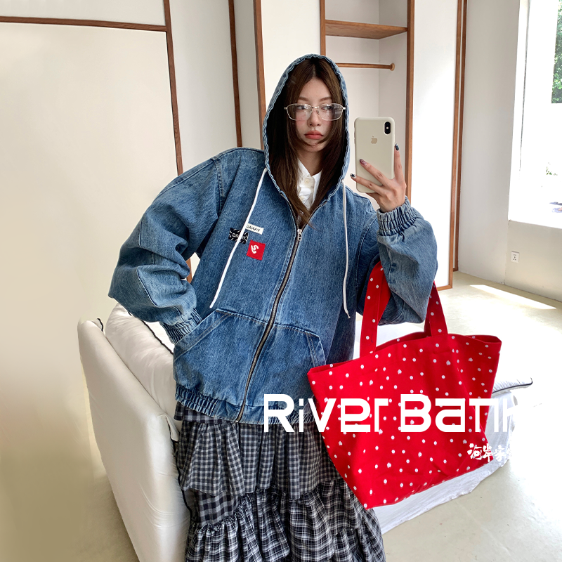 河岸家设计师YANAG竹节细纹针织标装饰牛仔夹克短外套女25秋