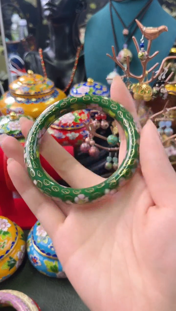 非遗手工景泰蓝粗棍镯 绿