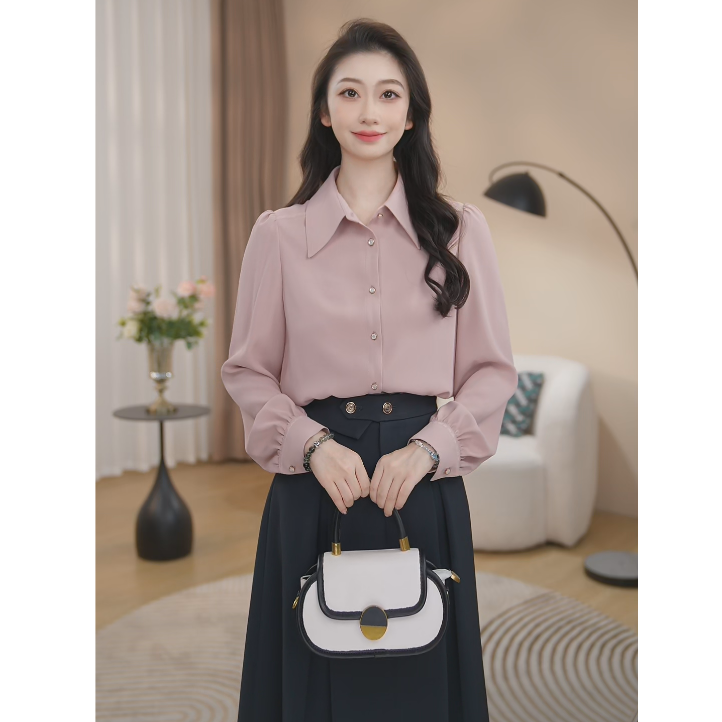 【曼贝】秋季气质女士粉色爆款上衣百搭时尚长袖衬衫8593371【甜甜】