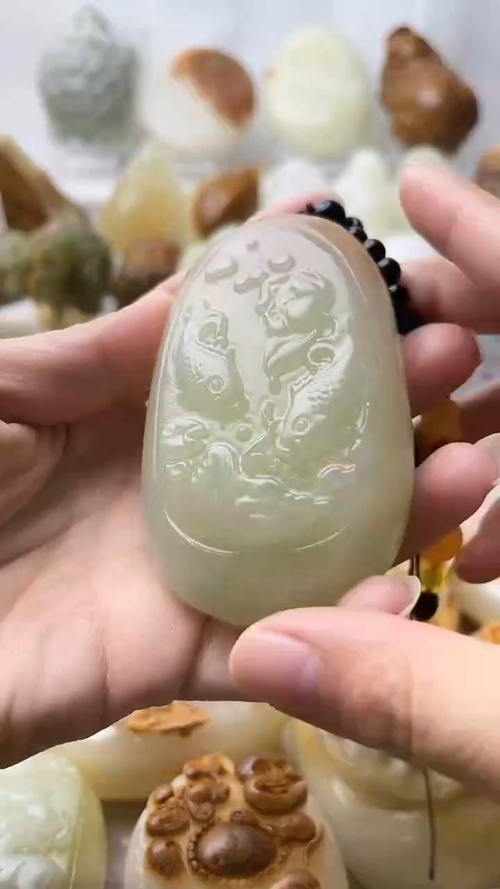 石材古青石棉纹正常不退换荷花鱼微瑕