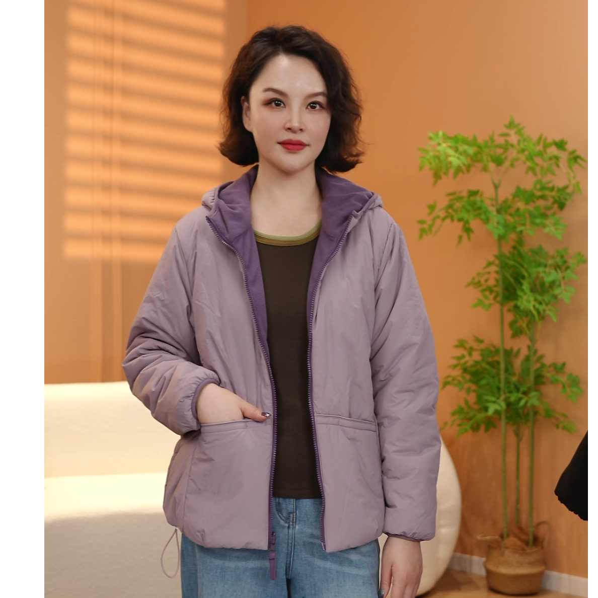 【橘猫美依】女连帽休闲风厚款防风外套纯色外套面包服冬季89135-1