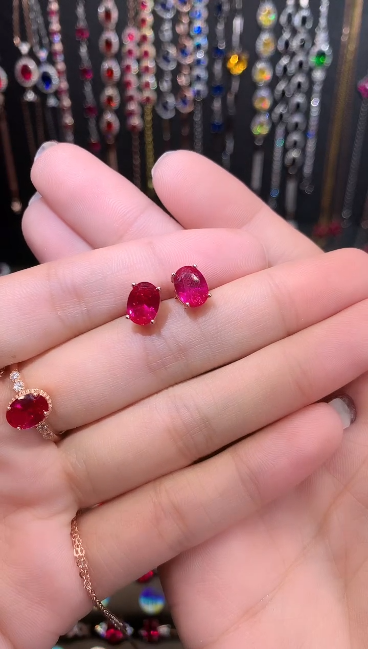 【闪购商品】红宝石耳饰银S925镶嵌6.8玫瑰金