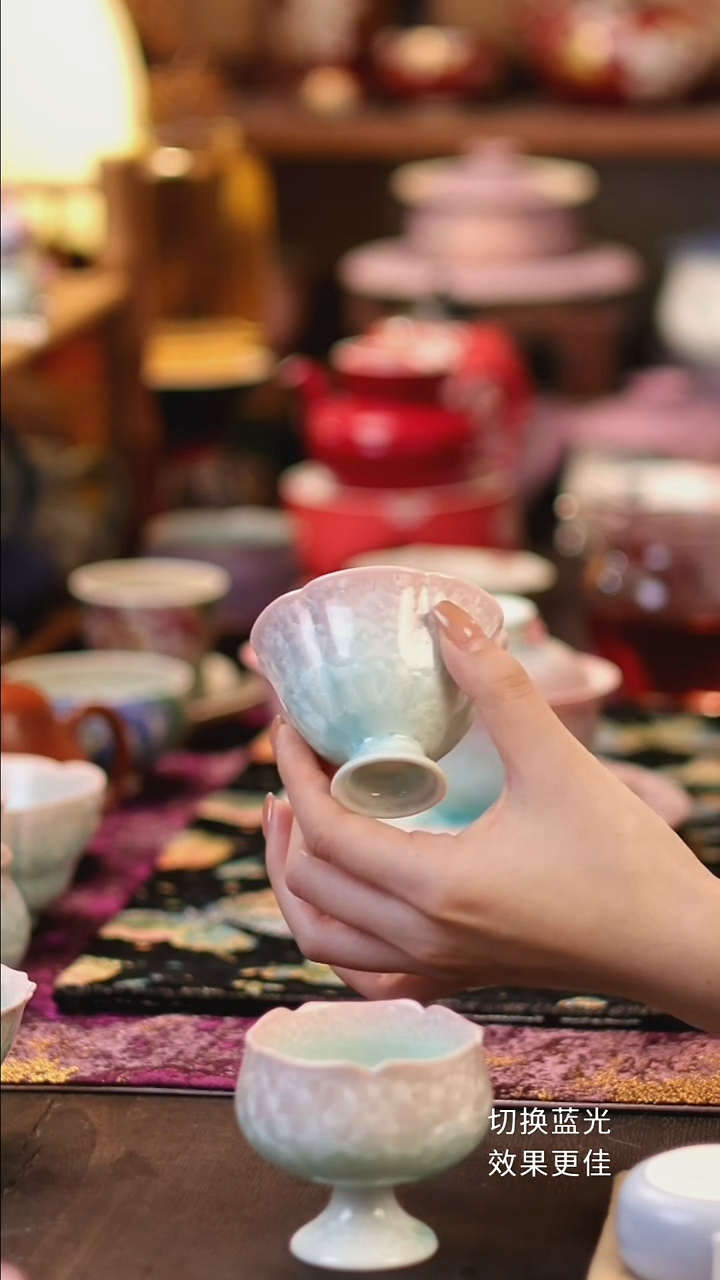 景德镇结晶釉粉青高足花口杯