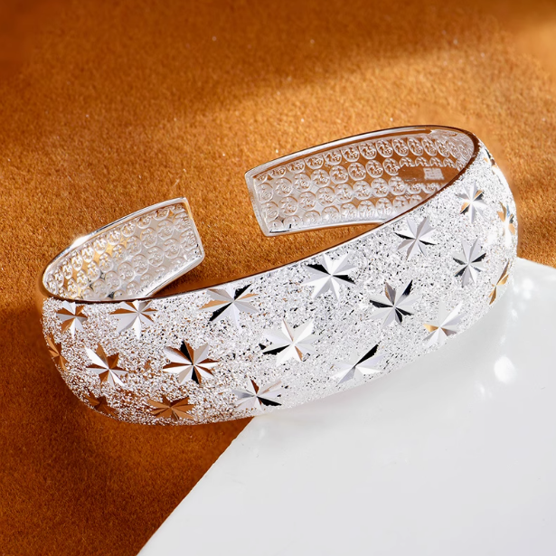 足银手镯 G102宽面开口满天星民族风百福字实心