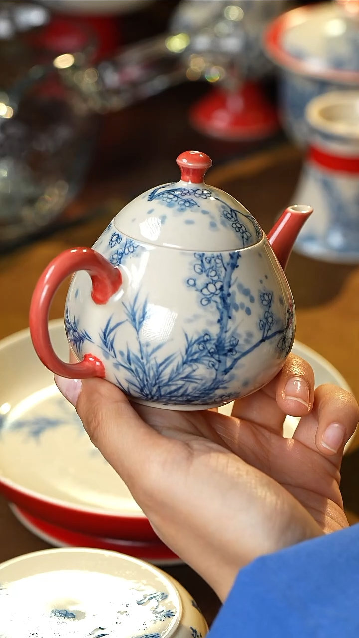 雨香斋景德镇高温纯手工手绘竹子梅花茶壶