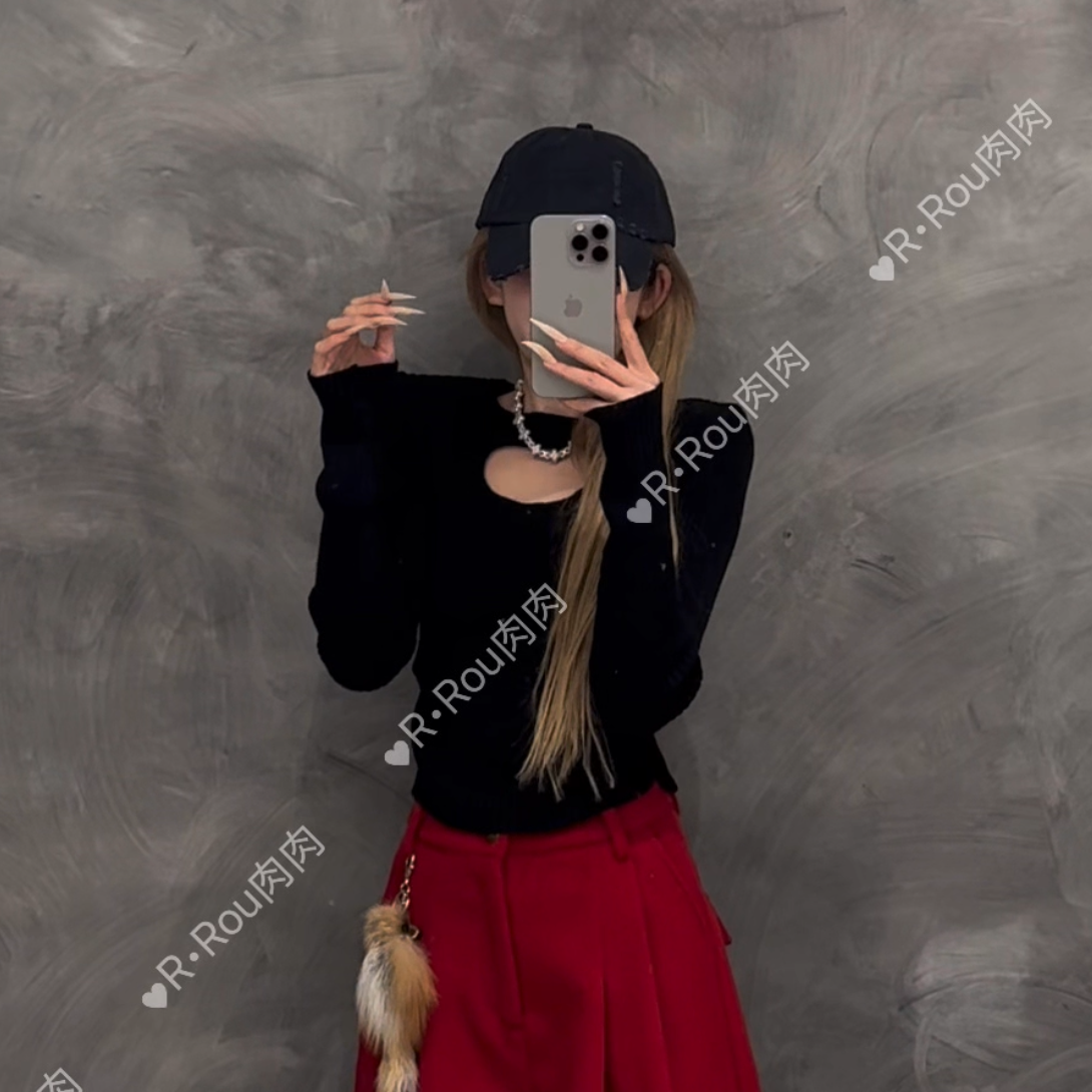 ROU-ROU)JIA镂空正肩长袖T恤31R35