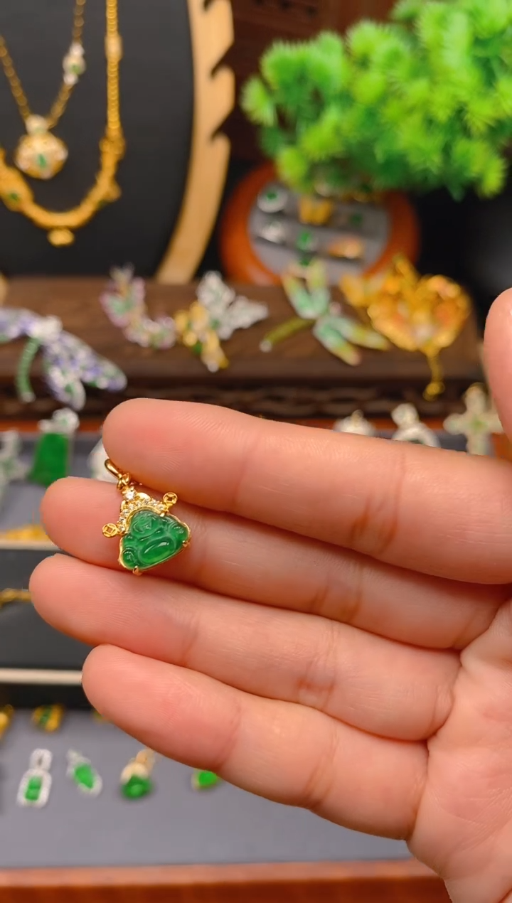 【闪购商品】翡翠吊坠(不含链)银S925镶嵌金色财神佛公