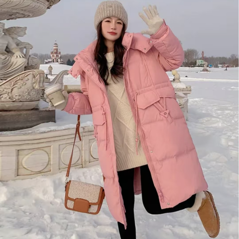 【皮标】长款过膝厚款羽绒服女连帽收腰修身显瘦鸭绒外套保暖御寒
