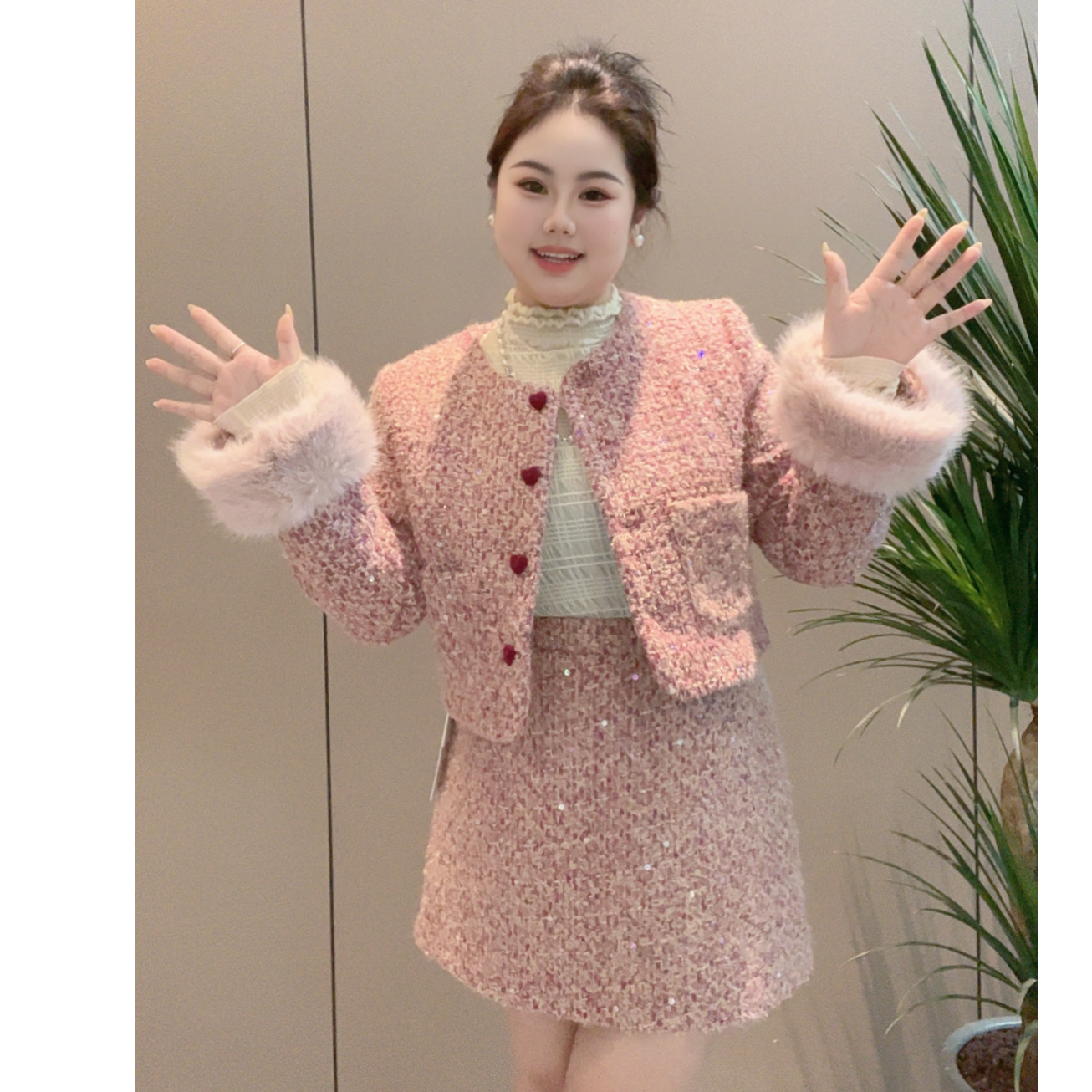 【朵拉】充绒粉色微胖大码小香风轻奢套装气质短外套+半身裙两件套