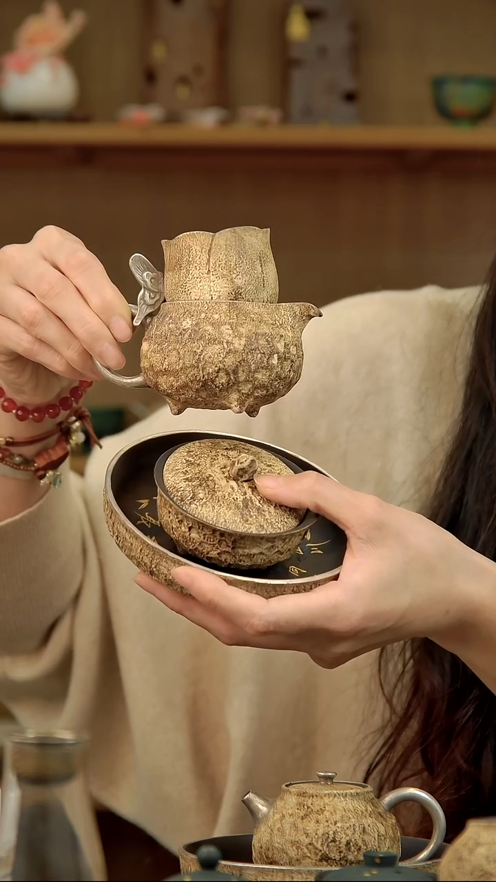 言野手作  仿古手绘三足壶承+三足盖碗+三足公道杯+蝴蝶杯