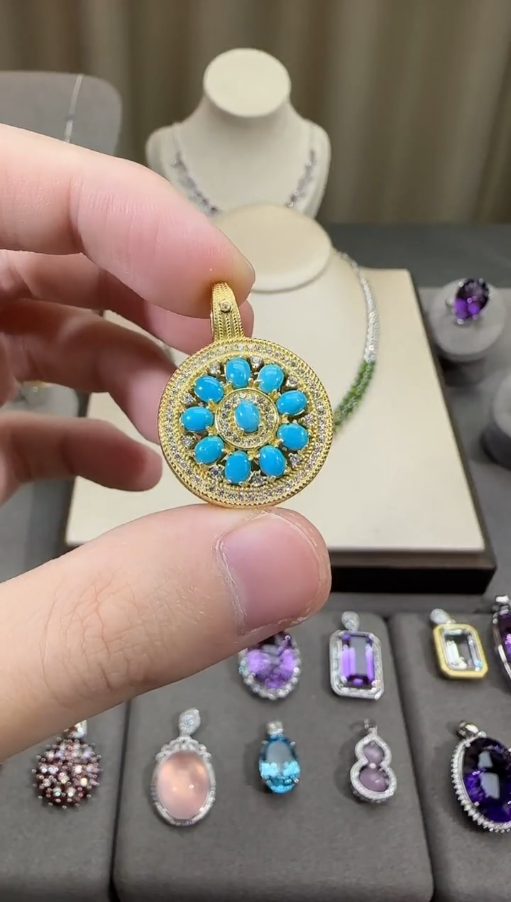 银S925镶嵌绿松石珠宝奇石21mm八宝罗盘吊坠设计款