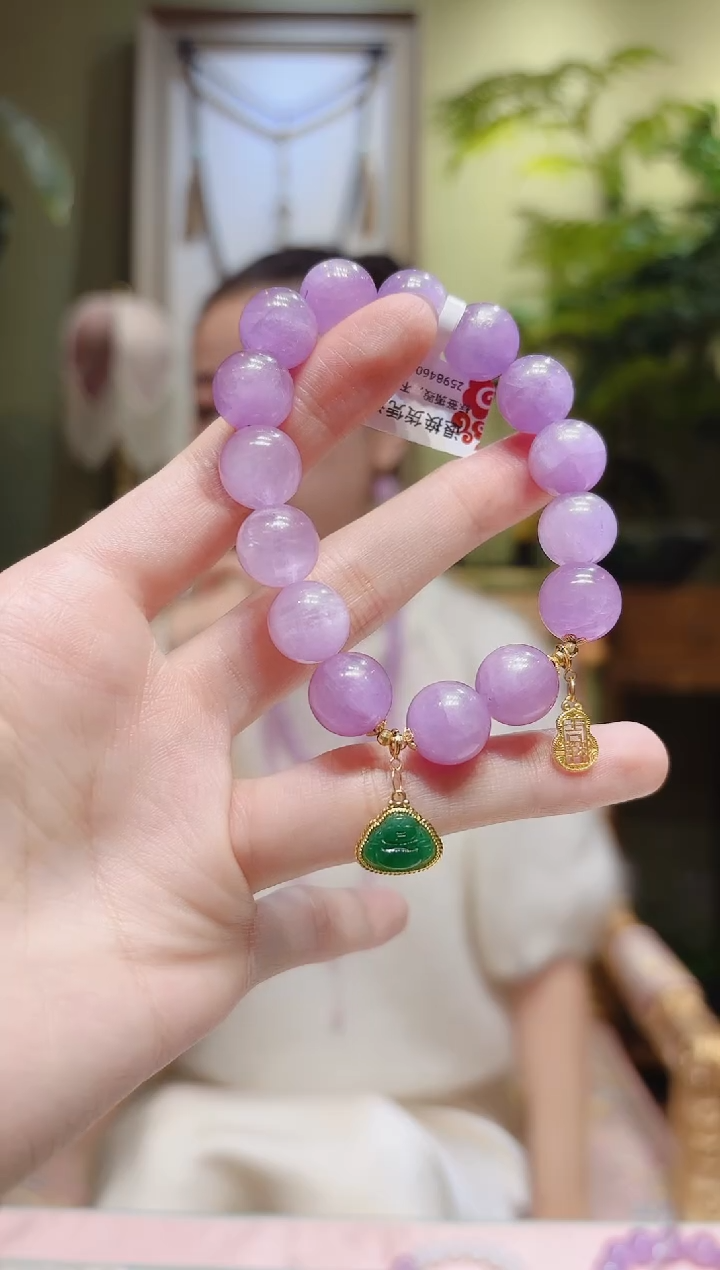 【闪购商品】锂辉石手串18K金镶嵌绿翡翠佛公葫芦牌紫锂辉手串