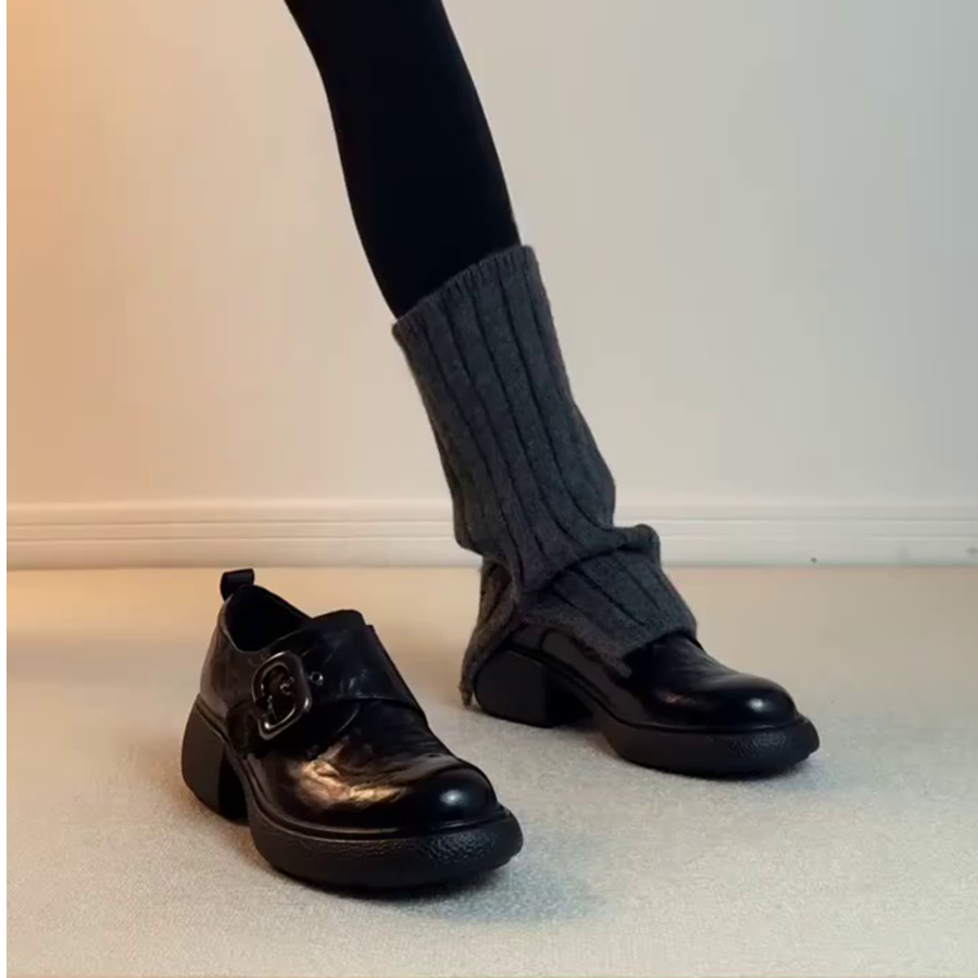 【梦朵唯】秋冬新款皮鞋乐福鞋浅口单鞋加绒皮鞋圆头增高女皮鞋亮面