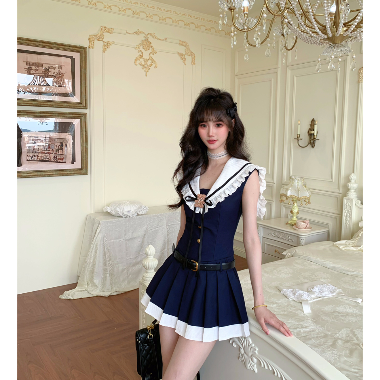 大码女装法式学院风海军领蓝色连衣裙收腰百褶短裙女12317