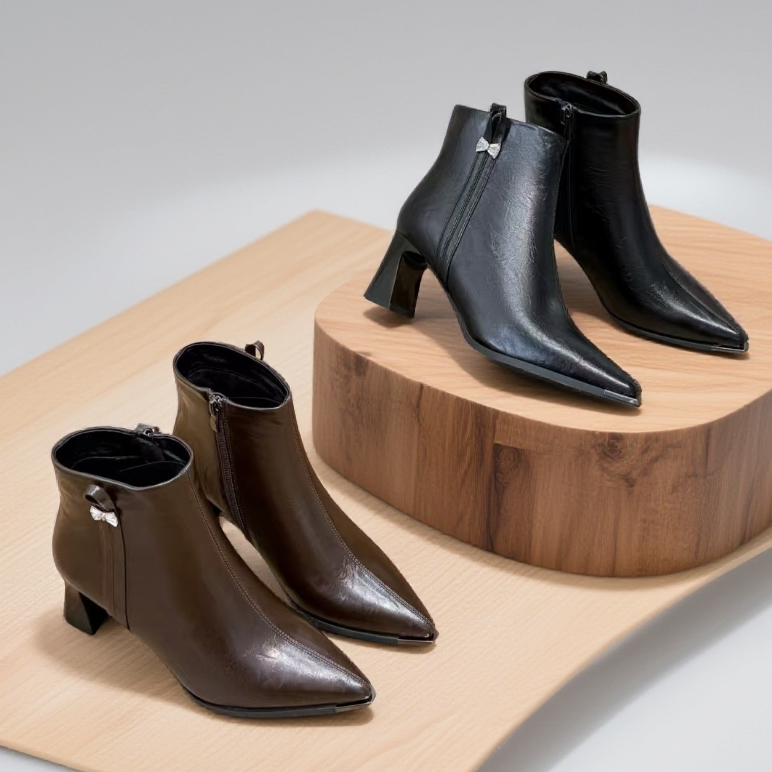 冬季靴子秋冬加绒短靴女增高粗跟尖头时装靴中年时尚女短靴62707