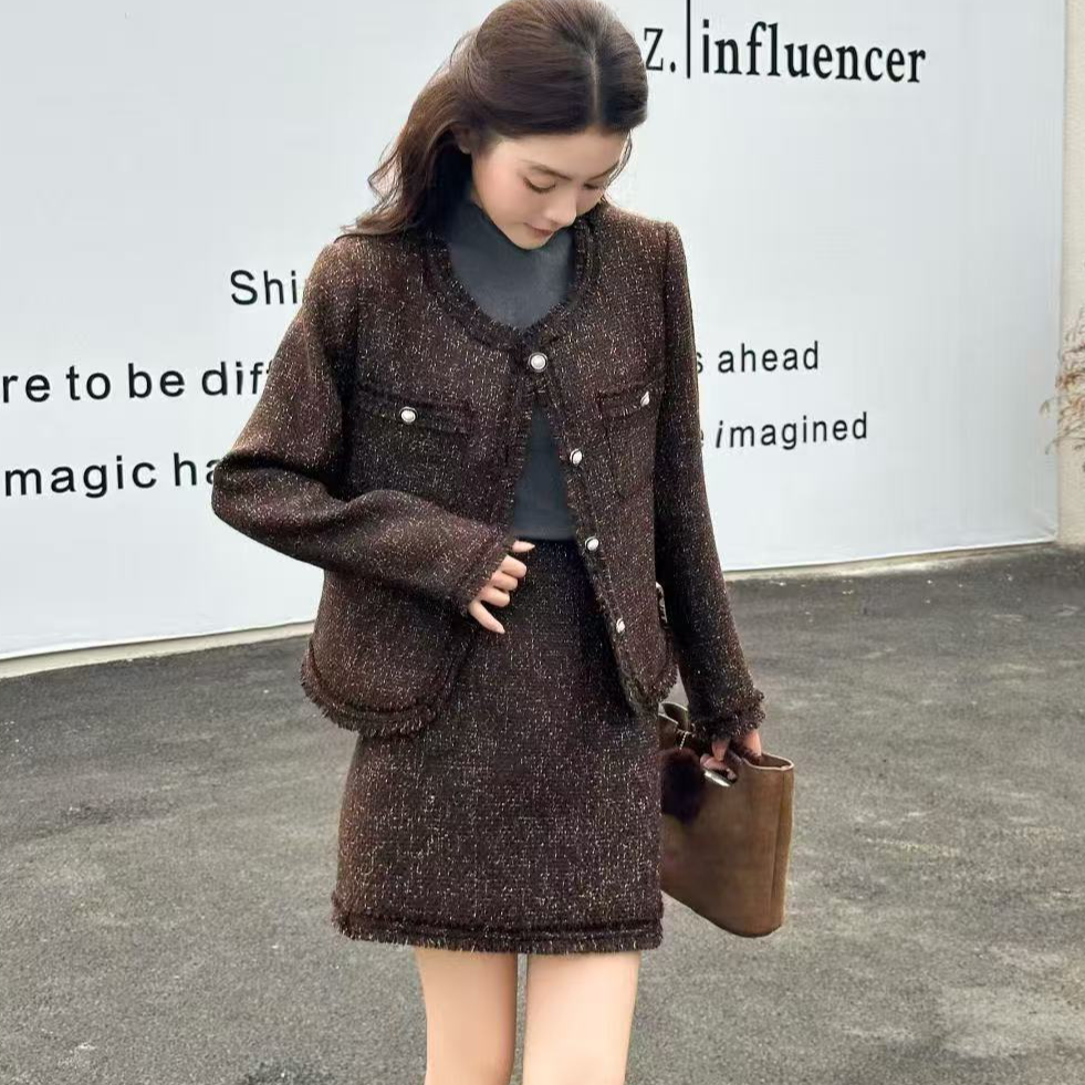 夹棉小香风时尚套装女冬季新款上衣+半身裙二件套#8023