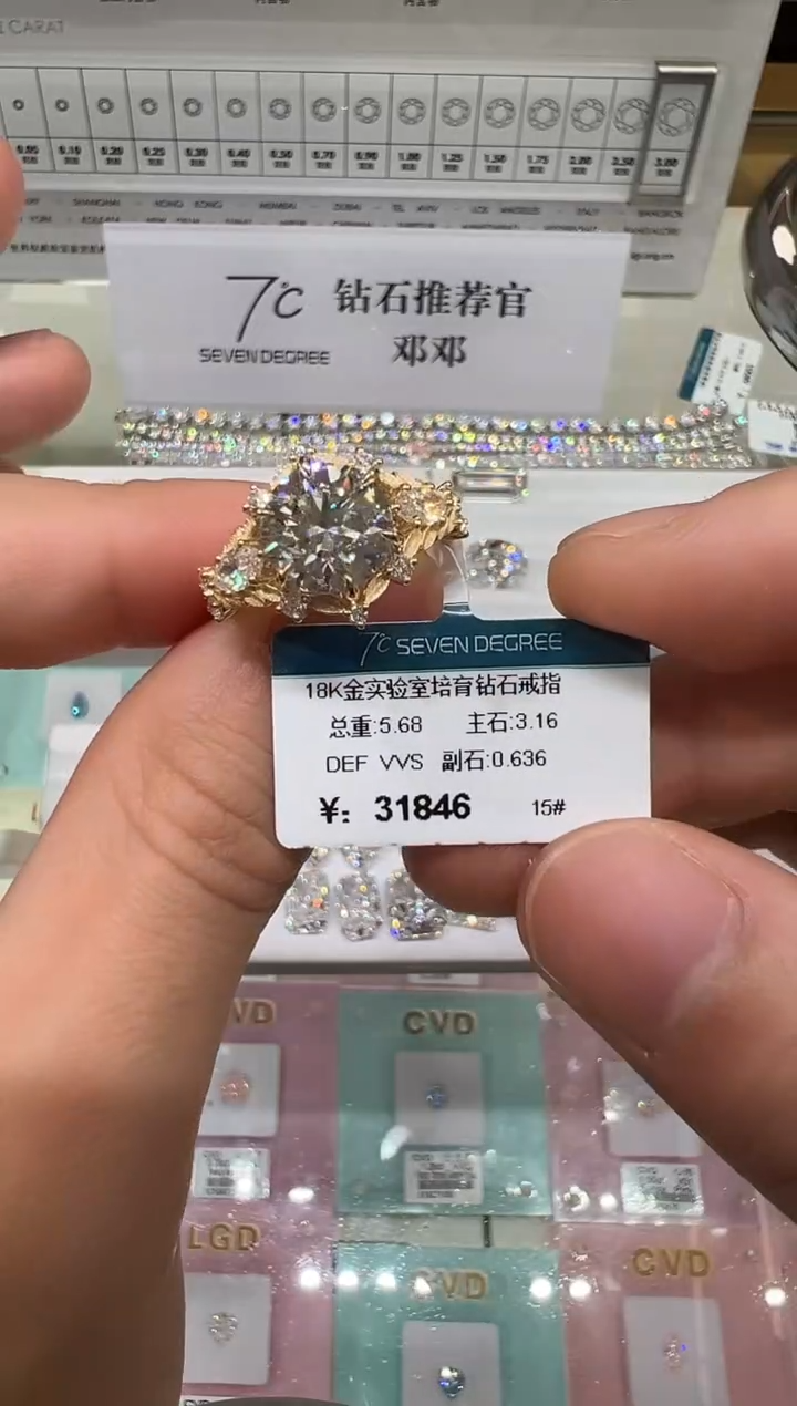 【闪购商品】实验室培育钻石18K金镶嵌3克拉圆形钻戒