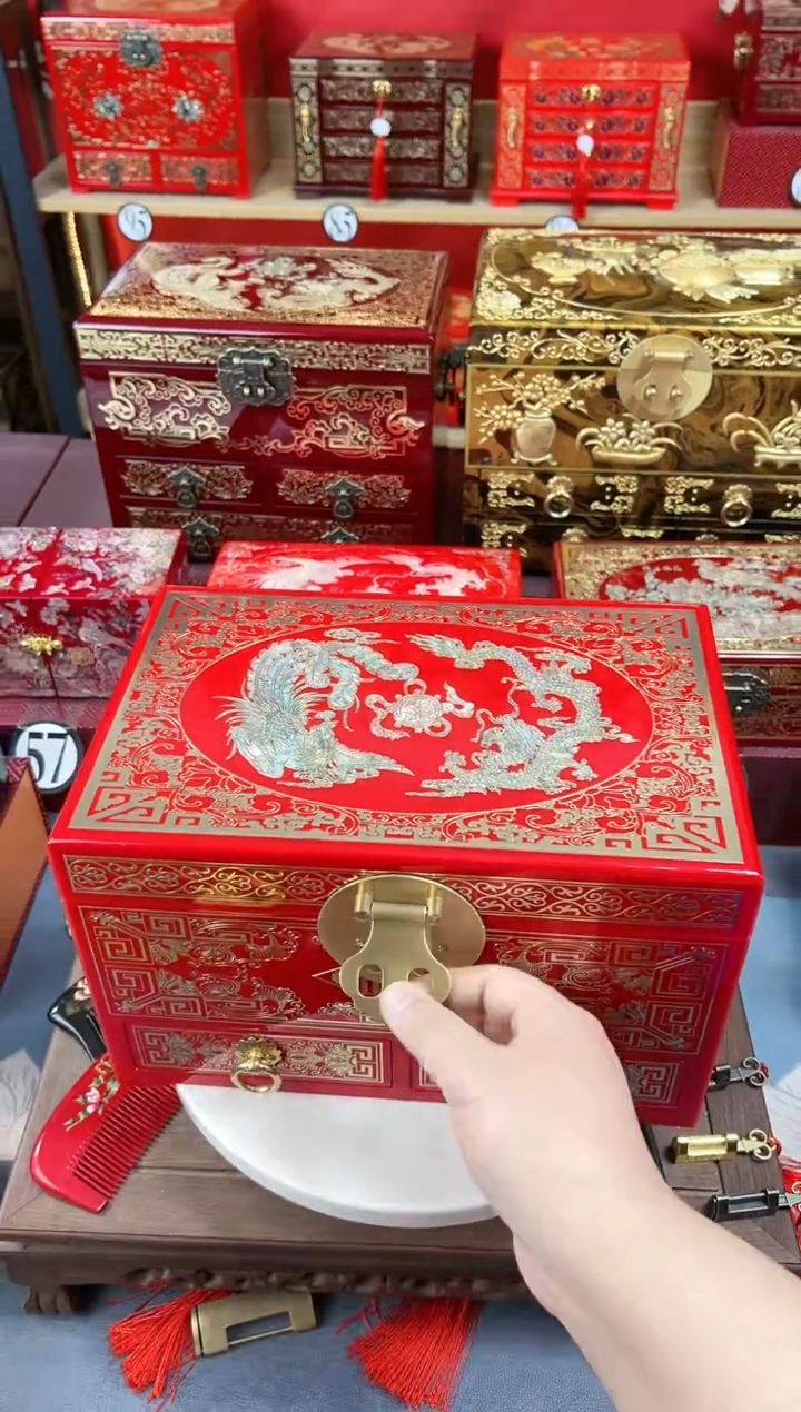 【闪购商品】28厘米三层双抽掐丝螺钿大红色铜扣龙凤