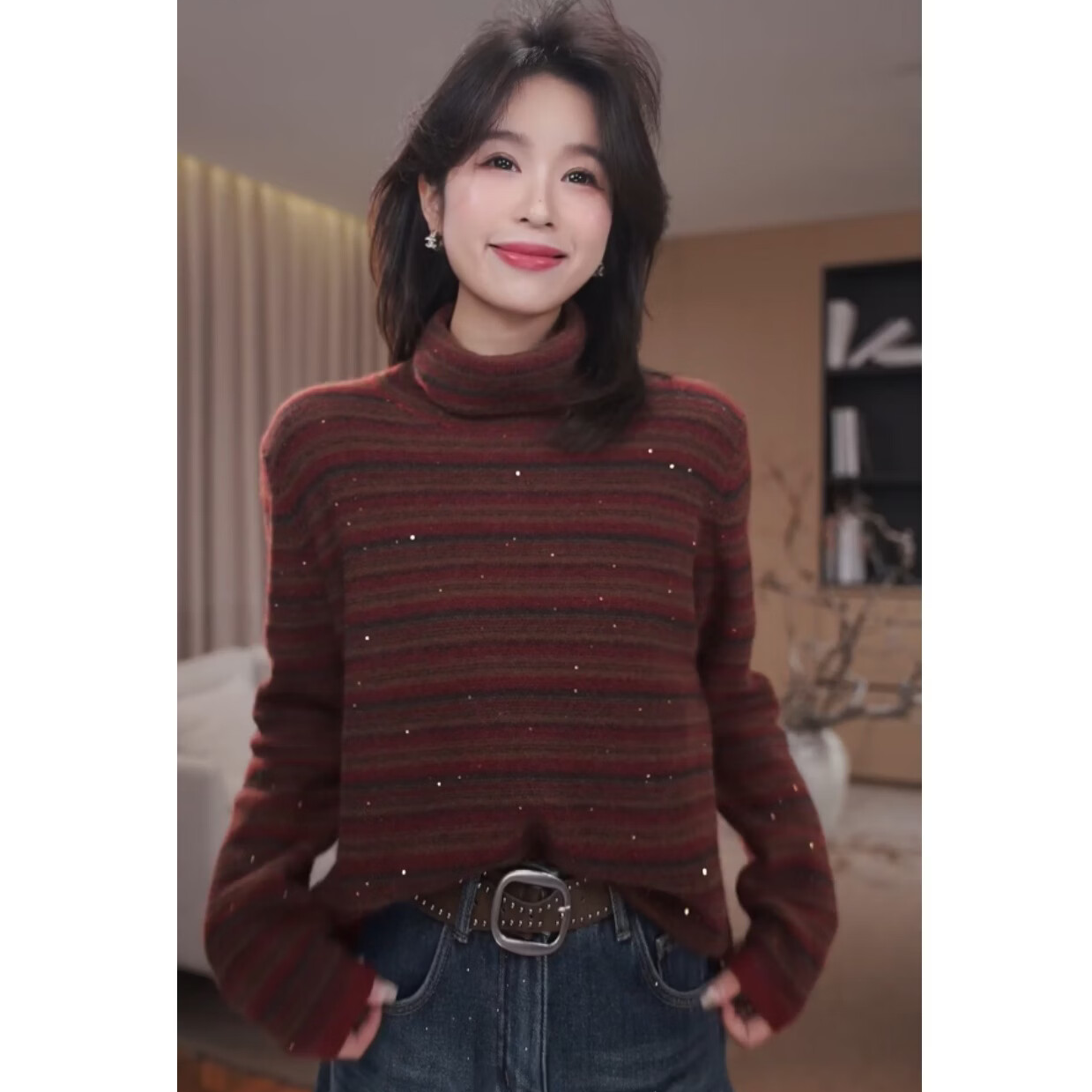 广州琴姐【肯辛顿花园】绵羊毛羊绒亮片条纹打底针织衫毛衣女冬7776