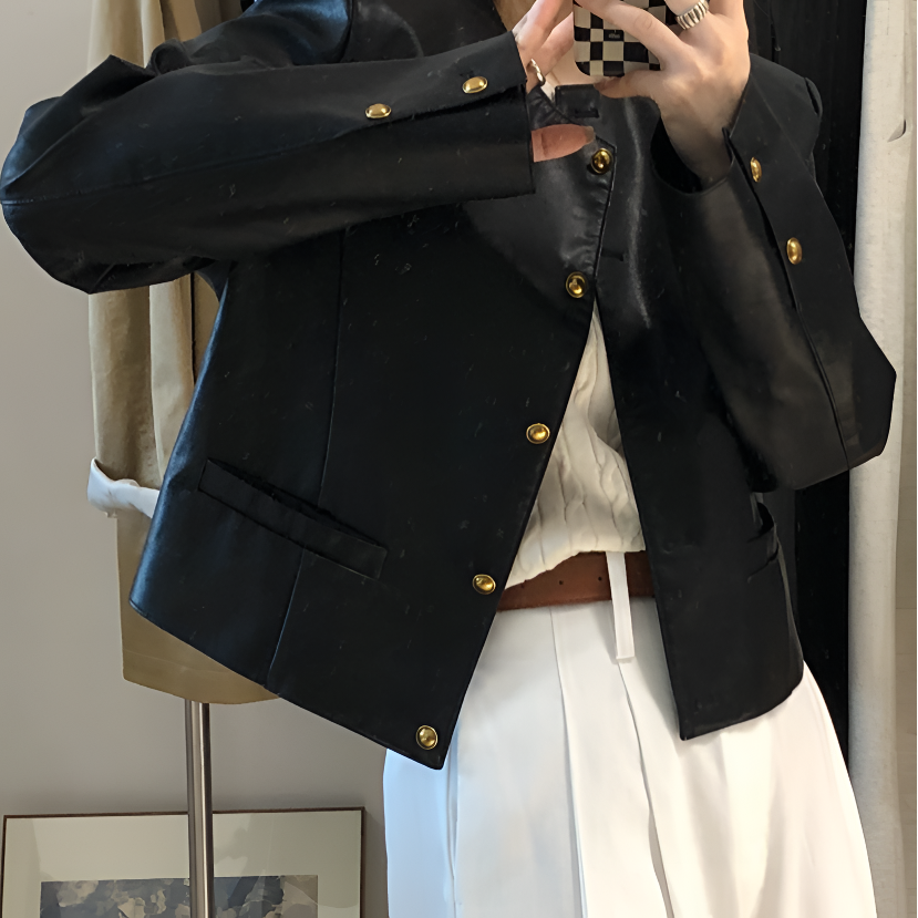 墨菲斯-春季新款小香风圆领气质时髦女装短款皮衣