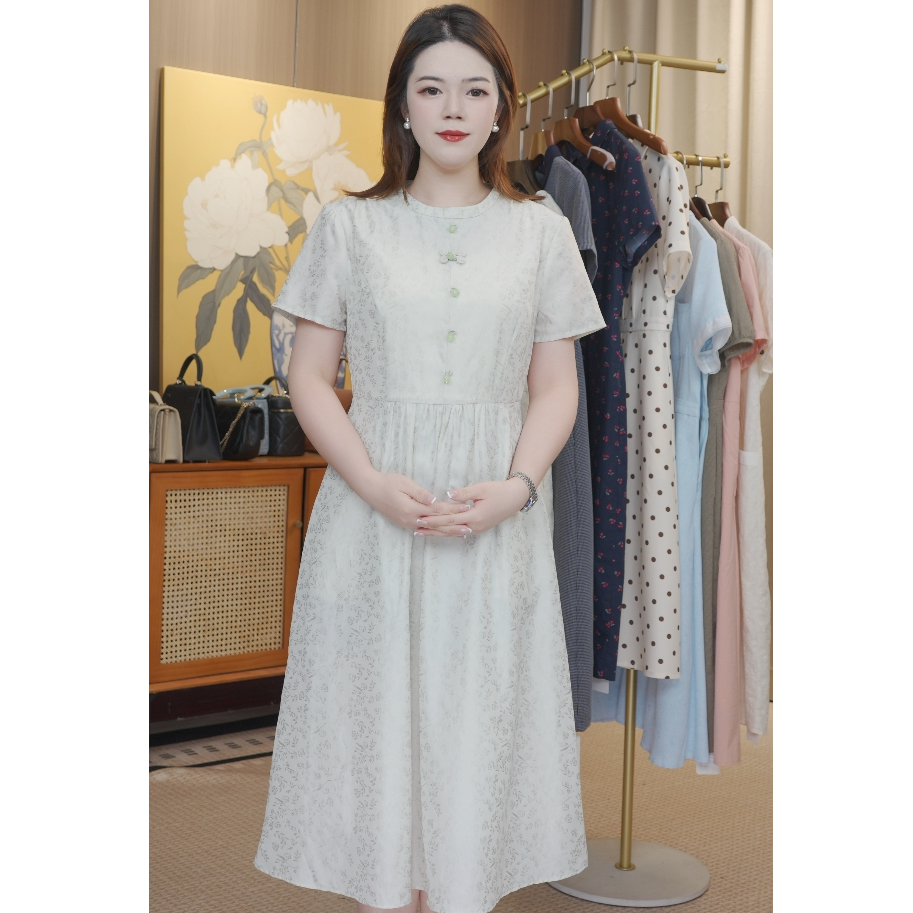 减龄绿色提花改良旗袍裙2025夏季新款气质优雅知性连衣裙