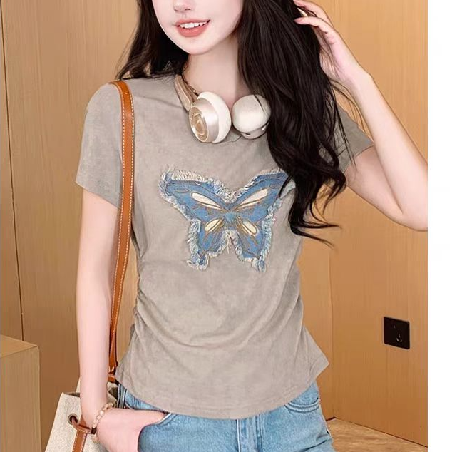 723款洋气漂亮蝴蝶短袖T恤女修身显瘦2025夏季薄款时尚体恤