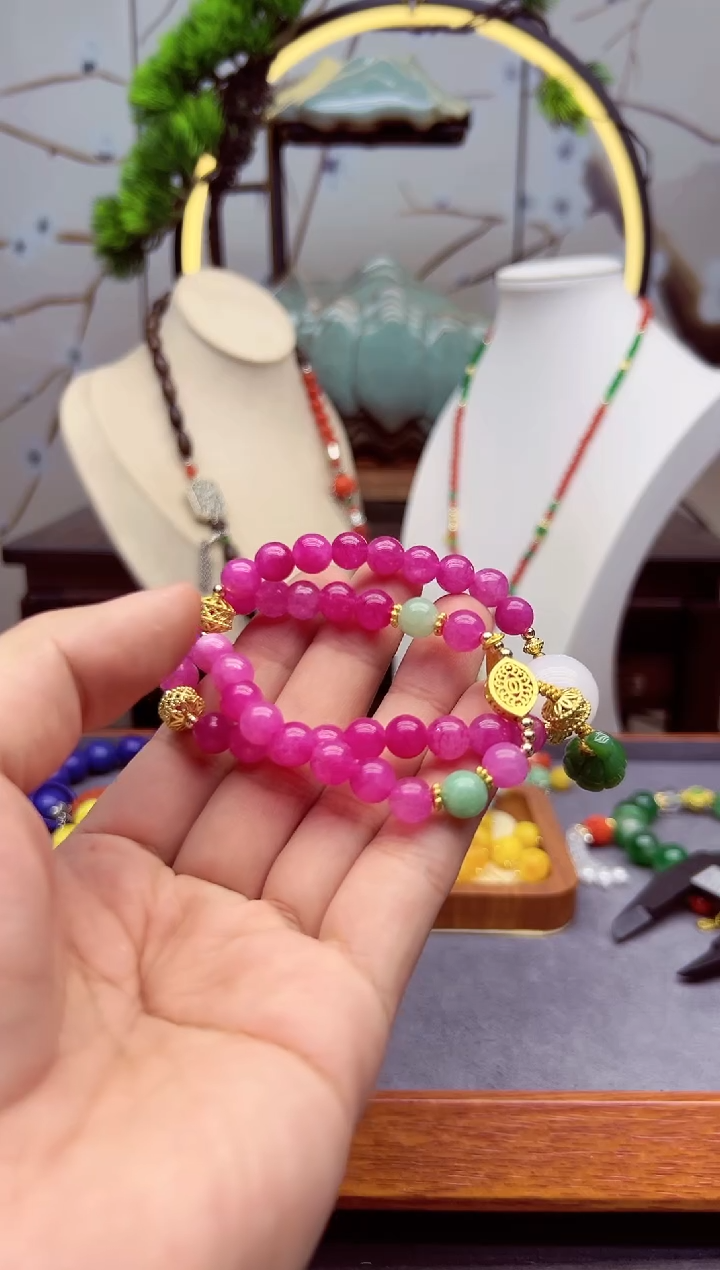 【闪购商品】菱锰矿（红纹石）手绳14K金镶嵌s131```````