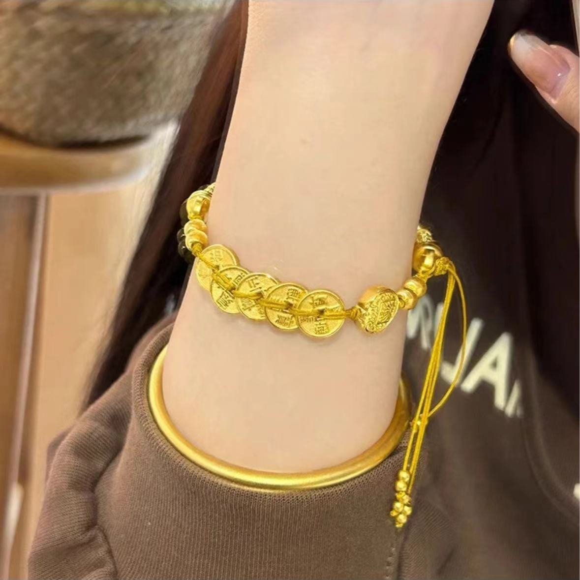 铜合金手镯 定制版五路财神半镯五帝钱币五路财神半镯编绳手链