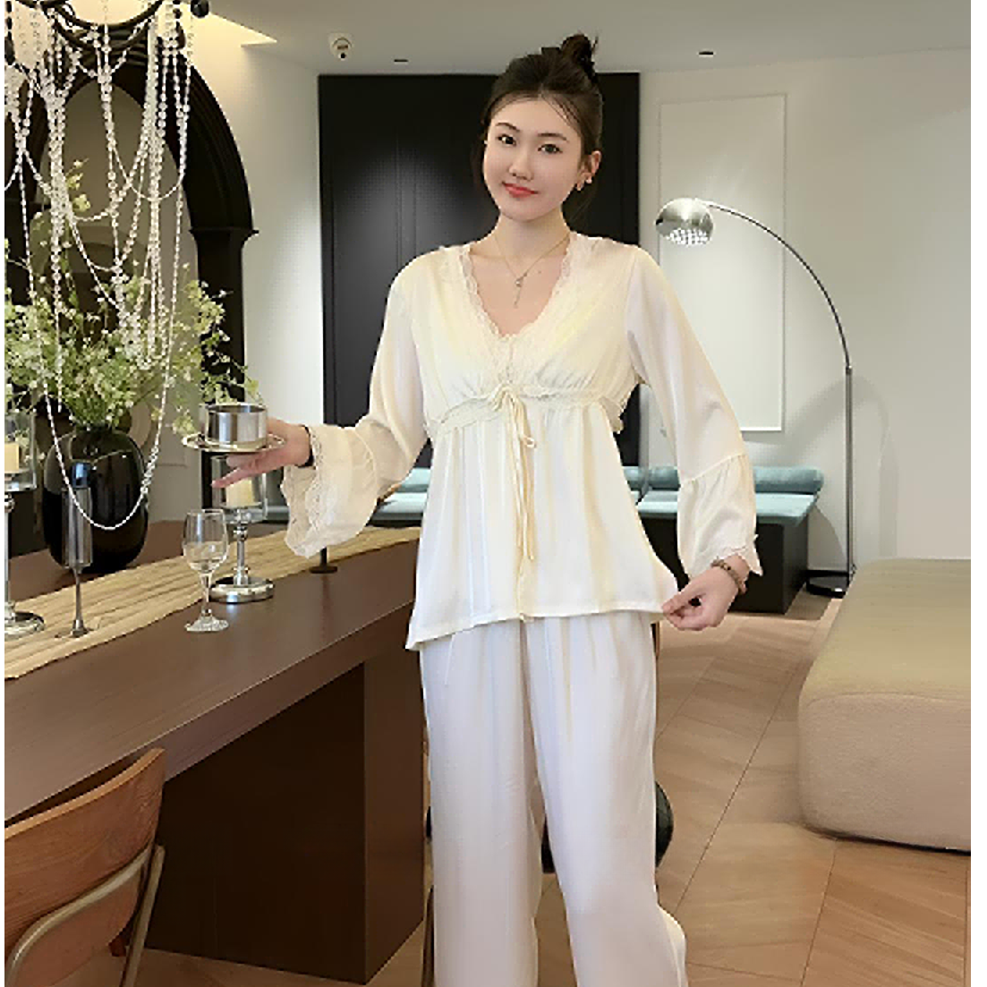醋酸丝质缎面四季家居服睡衣三件套气质宽松显瘦韩版阔腿带胸垫