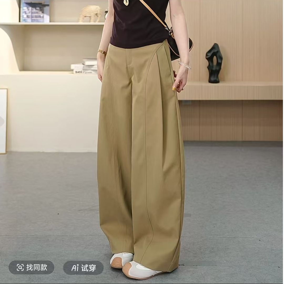 贝斯裤~潮流侧压褶阔腿裤~秋季新款宽松阔腿裤时尚女裤子