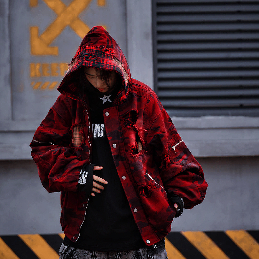 【都市血影】秋冬男女同款连帽做旧美式潮牌宽松棉服乞丐破洞外套