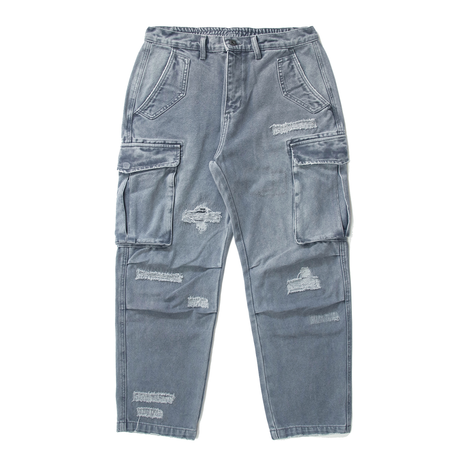 GETY重磅长裤中古工装微锥阿苏特染水洗破坏补丁口袋16盎司朱帆布