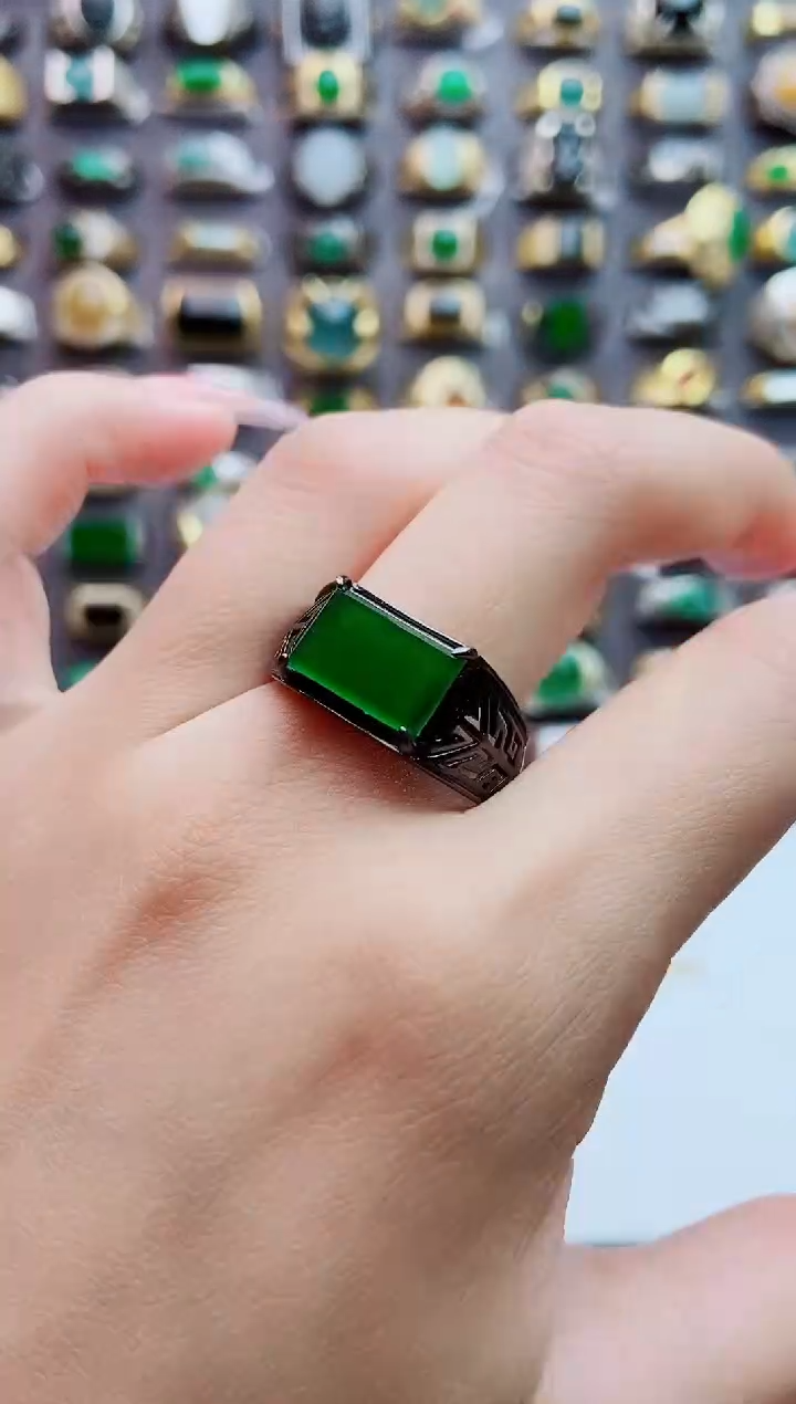 银S925镶嵌戒指翡翠天然翡翠男戒 