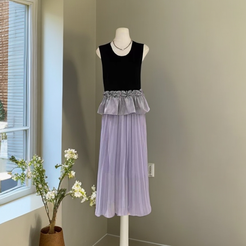 法式荷叶边拼接别致无袖衬衫高腰显瘦百褶半身裙女夏季新款两件套