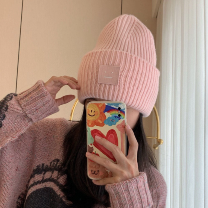 未使用 Acne studio 汤/TP033802/笑脸徽标帽子 褪色效果 裸粉色